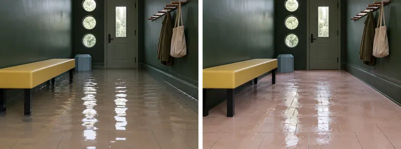 Water Extraction in Euless — standing-water stage and damp pickup-stage comparison